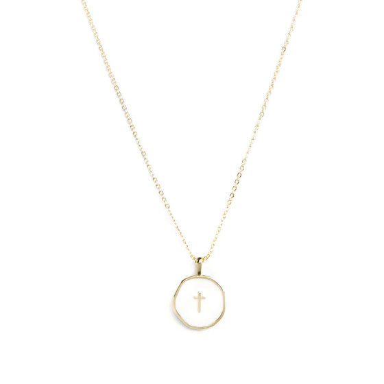 White Coin Cross Necklace - TallyWhite Coin Cross Necklace47231113298226N3261-GWHWhite Coin Cross Necklace